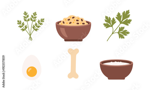 Passover seder plate food vector illustration with egg bone herbs charoset and salt water