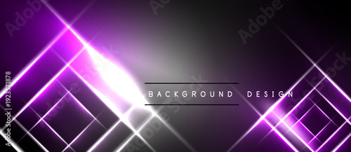 Abstract purple neon lights create dynamic background. Geometric shapes intersect, forming bright lines, gradients. Modern design element.