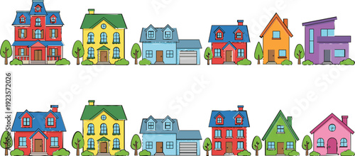 Large collection of colorful hand-drawn suburban houses cottages and modern residential buildings with trees for neighborhood and real estate design