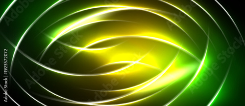 Bright neon lines form swirling circular patterns. Vivid green, yellow hues dominate dark background. Abstract energy radiates from center.