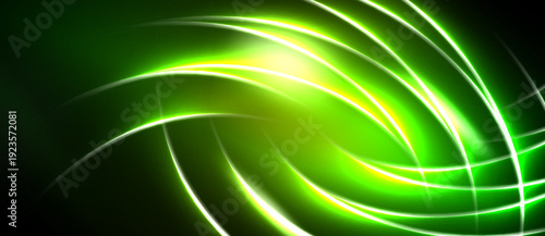 Bright green energy swirls, luminous lines create abstract design. Dark background emphasizes vibrant glow, dynamic composition.