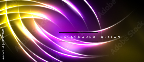 Bright neon curves, yellow, purple hues dominate dark background. Modern design element, abstract lines create dynamic visual effect.