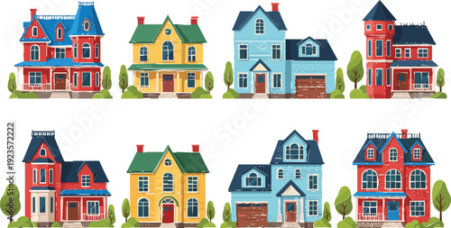 Large collection of colorful hand drawn suburban houses cottages and modern residential buildings with trees for neighborhood and real estate design