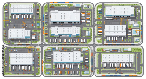 Aerial view of a modern industrial complex with multiple buildings and parking lots.