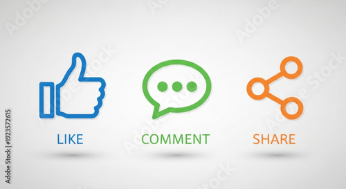 Social media icons for like comment and share on a gray background with colorful symbols