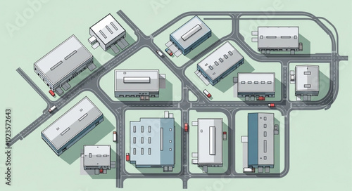 Industrial park with buildings and roads, aerial view, urban planning concept.