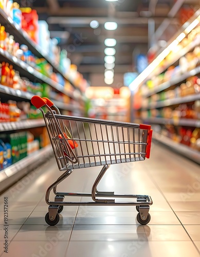 Shopping cart stands ready in a grocery aisle filled with colorful, blurred products on long, illuminated shelves