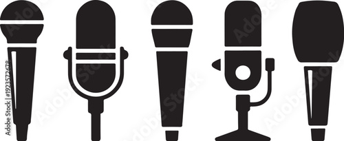 A diverse collection of five black microphone icons in various styles and forms representing different audio recording and broadcasting tools