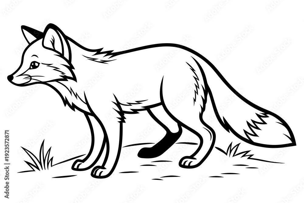 Obraz premium Single cute tiny fire fox coloring book page, one large centered object only, black and white vector line art, bold clean outlines, no shading, no grayscale, no background, white background only, prin
