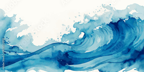 Gentle Blue Watercolor Wave Cresting with Soft Splash Details and Calm Sea Energy in Elegant Minimal Ocean Background Isolated on White