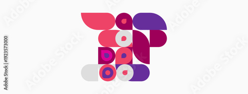 Abstract geometric shapes, pinks, purples, whites form complex composition. Modern design, minimalist aesthetic, clean lines present.