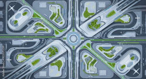 Aerial view of a modern city design with intricate road networks and green spaces.