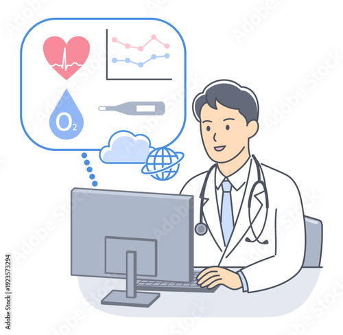 遠隔診療で患者のバイタルデータをパソコンで確認する男性医師