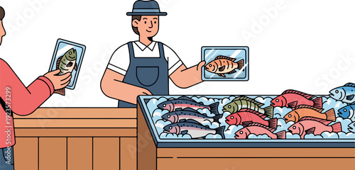 Man Fishing With Rod Catching Fish Isolated Transparent Background Flat 2D Vector