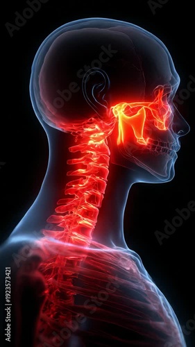 A medical 3d rendered illustration showing x-ray anatomy of a painful blue shoulder and human brain skeleton bones for health science
