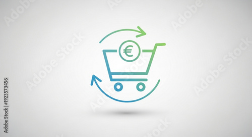 E commerce shopping cart with euro symbol and circular arrows on white background for online transactions and digital commerce