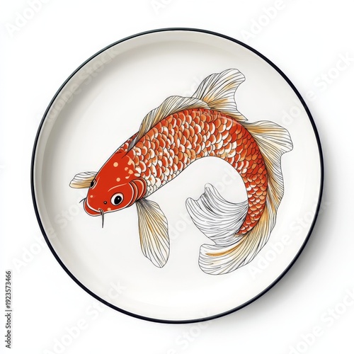 top view of a ceramic plate with a japanese koi fish decoration