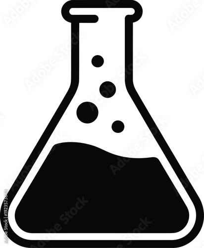 Black and white icon of an erlenmeyer flask containing a dark liquid with bubbles, simple laboratory glassware illustration