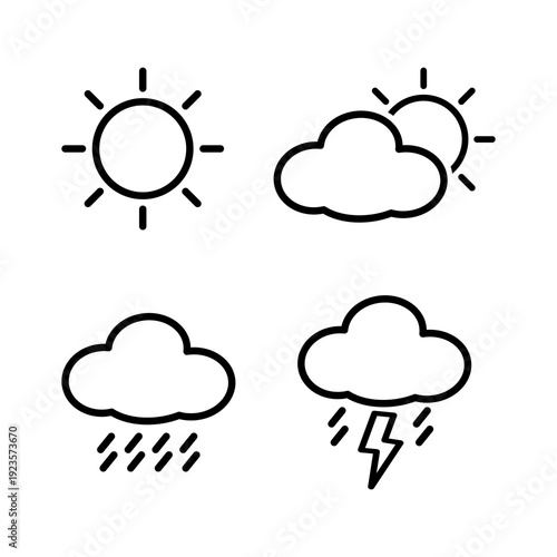 Black and white outline icons for weather forecasts, clear weather, sunny, thunderstorms, and heavy rain.