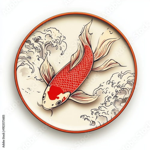 top view of a ceramic plate with a japanese koi fish decoration