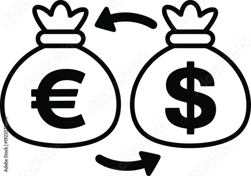 Currency exchange icon euro and dollar money bags with circular arrows indicating conversion or transaction