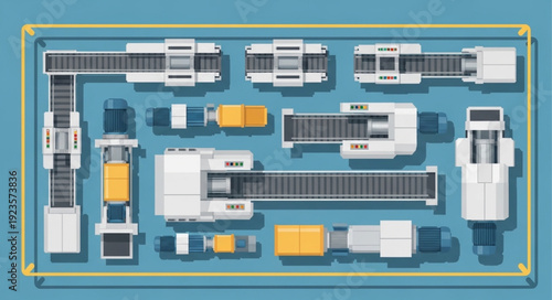 Top-down view of a complex industrial conveyor belt system for manufacturing.