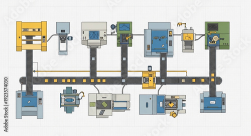 Automated industrial production line with various machines and equipment for manufacturing.