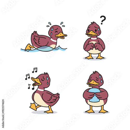 Cartoon duck expressing different emotions with musical notes and question mark