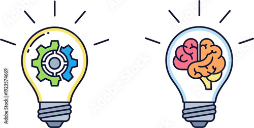 Two lightbulbs illustrating different concepts: one with gears representing mechanics or logic, and the other with a brain symbolizing thought or creativity.