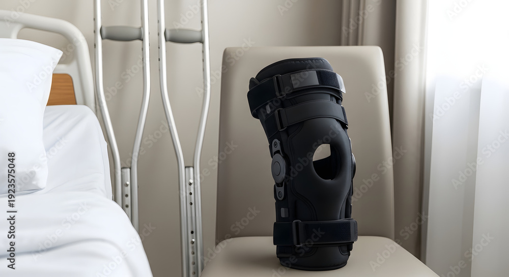Fototapeta premium crest and knee brace on a chair beside a hospital bed