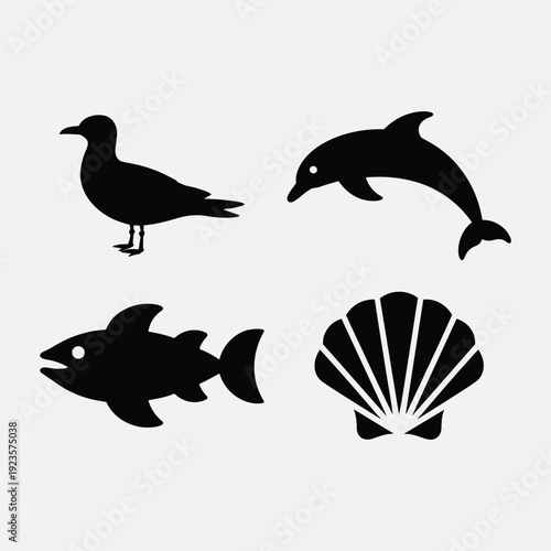 Black silhouettes of seagull, dolphin, fish, and scallop shell