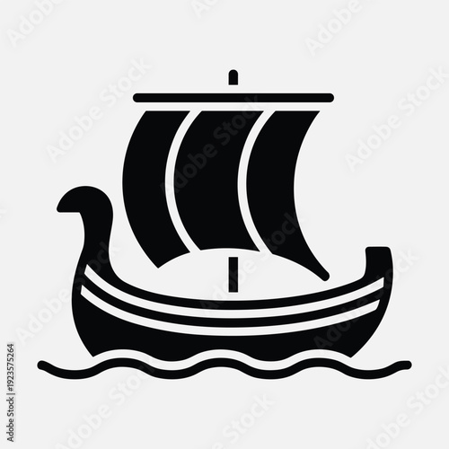 Viking ship sailing on wavy waters in black silhouette
