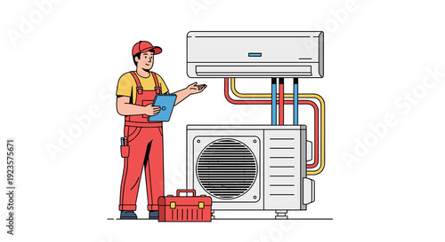 Repairman Inspecting Air Conditioning System: A Detailed Cartoon Illustration for HVAC Services, Maintenance, and Home Improvement Marketing (Vector Artwork)