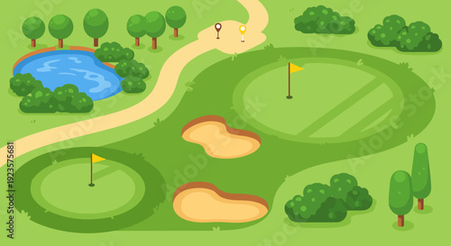 Cartoon Golf Course Landscape Illustration: A Vibrant Scene for Recreation, Leisure, and Design Projects, Featuring Greens, Bunkers, Pond, and Path for Golfing, Sport, and Relaxation