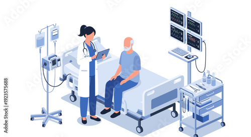 Vector Illustration of a Doctor Interviewing a Patient in a Hospital Room, Monitoring Vitals with Modern Medical Equipment and Providing Professional Healthcare