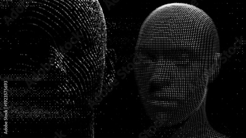 Minimal Dark Technology Background with Abstract AI Head. 3D Digital Face Recognition and Machine Intelligence Visualization for Innovation Presentation Template. Vector Illustration. 