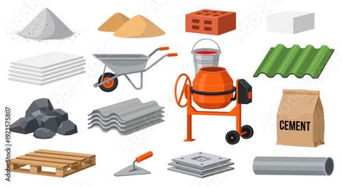 Construction Materials and Equipment Illustration Set: A Comprehensive Collection of Building Elements for Architectural and Engineering Designs, Perfect for Educational Purposes and Creative Projects