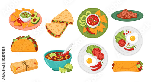 Colorful Mexican Cuisine Still Life: A Vibrant Vector Illustration of Traditional Dishes for Restaurant Menus and Food-Themed Design Projects, Celebrating Culinary Heritage