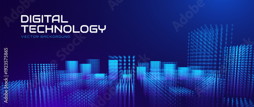 Abstract Fintech Digital Cityscape With Glowing Blue Towers and Data Flow Grid Patterns. Advanced Smart City Background With Illuminated Particle Buildings and Technology Network Grid. Vector.