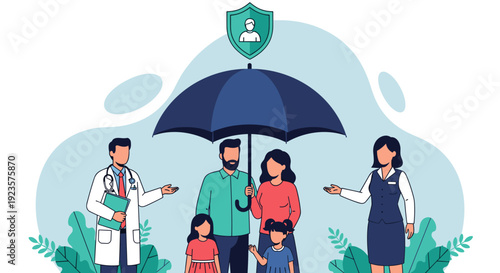 Comprehensive Family Health Insurance Coverage Illustration: A Doctor and Insurance Agent Providing Shielding Protection with a Large Umbrella for a Family of Four