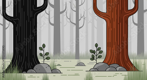 Graphic Forest Scene: Resilience and Renewal Depicted with Stylized Trees, Lush Greenery, and a Foggy Backdrop, Ideal for Ecological Themes and Educational Materials
