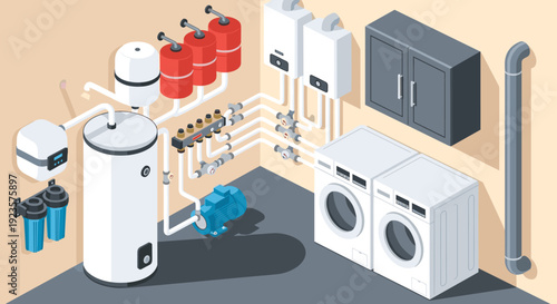 Isometric Laundry and Utility Room Illustration: Modern Home Systems, Water Treatment, and Energy Efficiency for Residential Design and Sustainable Living