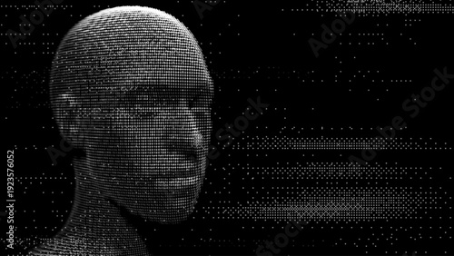 Abstract AI Face Constructed from 3D Wireframe Dots on Dark Digital Background. Futuristic Face Recognition and Machine Intelligence Concept for Technology Vector Presentation.