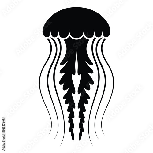 Jellyfish floating with tentacles trailing Vector, Silhouette, Illustration