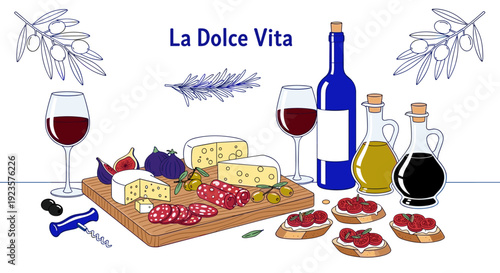 An Italian Feast: A Colorful and Delicious Display of "La Dolce Vita" Featuring Wine, Cheese, Bruschetta, Figs, and Olives for Authentic Mediterranean Cuisine Concepts
