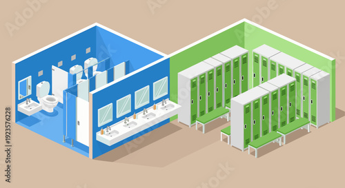 Isometric Restroom and Locker Room Illustration: A Modern and Minimalist Design for Gyms, Schools, and Public Facilities