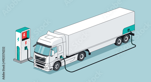 Electric Truck Charging at Station: Sustainable Logistics Isometric Illustration for Eco-Friendly Transportation and Renewable Energy Solutions, Clean Energy, and Green Shipping