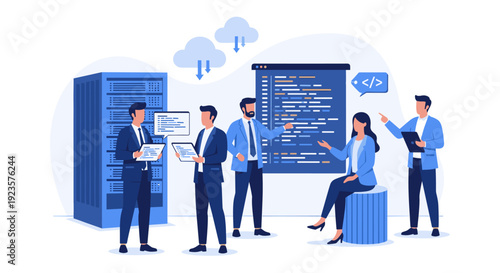 Cloud Computing Team Collaboration: A Vector Illustration of IT Professionals Discussing Software Development and Data Management in a Modern Tech Environment