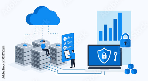 Cloud Security and Data Protection: A Vector Illustration Showcasing Cybersecurity Solutions, Data Analysis, and Network Management for Business and Technology Applications