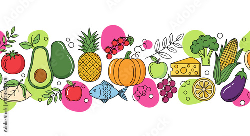 Vibrant and Wholesome Food Illustration Border: A Colorful Array of Fruits, Vegetables, and More for Nutrition and Healthy Eating Concepts, Culinary Designs and Dietary Needs